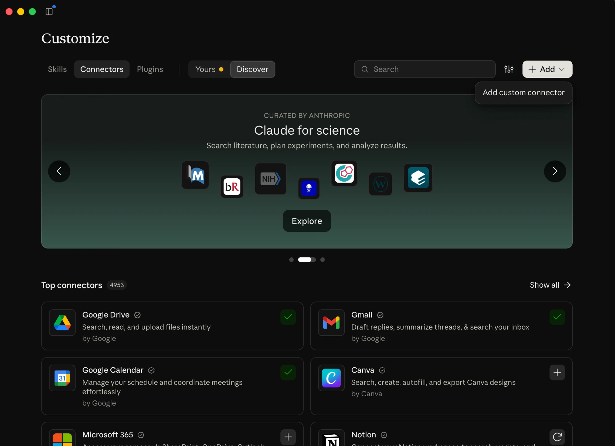 Claude's Customize page with the Connectors tab open and the Add menu showing Add custom connector